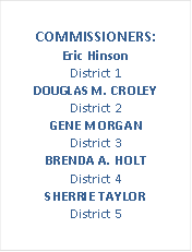 COMMISSIONERS:
Eric Hinson
District 1
DOUGLAS M. CROLEY
District 2
GENE MORGAN
District 3
BRENDA A. HOLT
District 4
SHERRIE TAYLOR
District 5




 - Description: Narrow horizontal